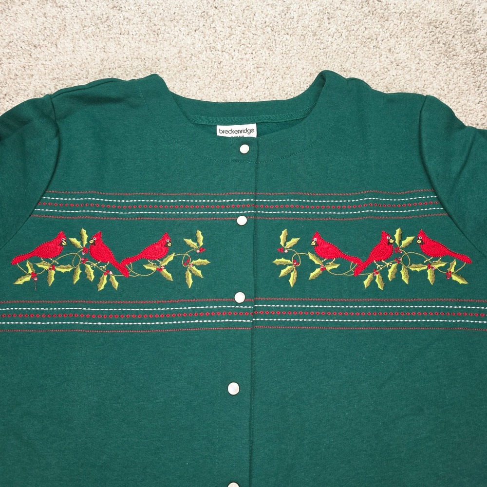Breckenridge Woman Green Cardinal Embroidered Snap Front Sweatshirt Cardigan 3X